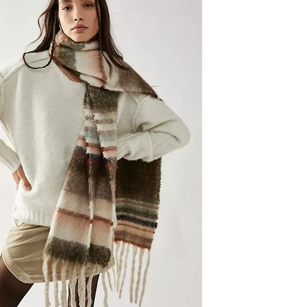 Free People Plush Knit Multi-Color Striped Oversized Blanket Scarf Fringe Cozy